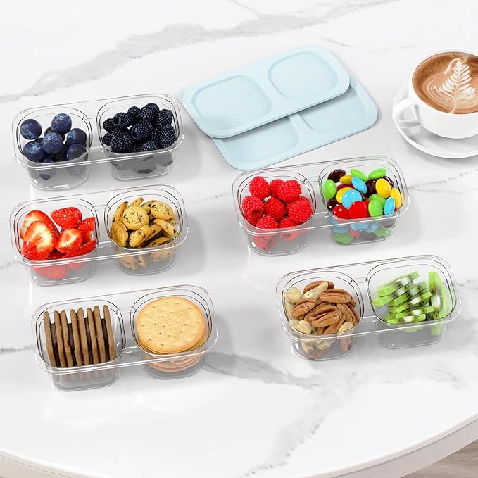 Reusable Snack Containers with Lids for Kids-Light Blue 10 PACK, [UNIQUE DESIGN 2-COMPARTMENT] BPA-Free/Microwave/Dishwasher Safe, Snack Bowls Container for On-the-Go Meals,Camping and Travel