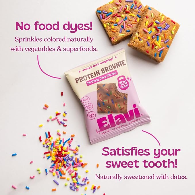 Elavi Birthday Cake Blondie Protein Brownie, 10g Protein, 10g Fiber, Non-Dairy, Vegan & Gluten Free, Delicious Guilt-Free Snack | No Artificial Flavors, No Added Sugar, No Sugar Alcohols, Dye Free Sprinkles, Kid Friendly (8 pack)