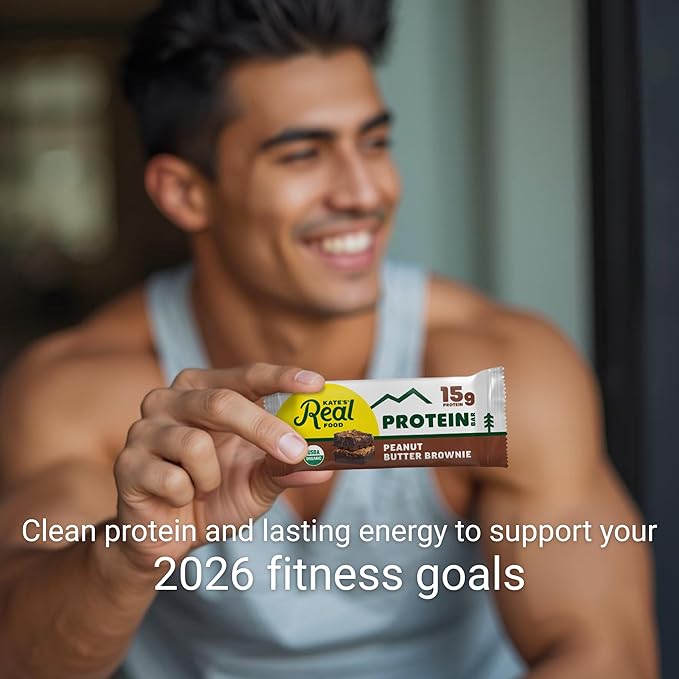 Kate’s Real Food Organic Protein Bars – (Peanut Butter Brownie, 2.2 oz, Pack of 12) – Plant Based Protein Bars - Gluten Free, Soy Free, Non GMO, Whole Grains, and All Natural