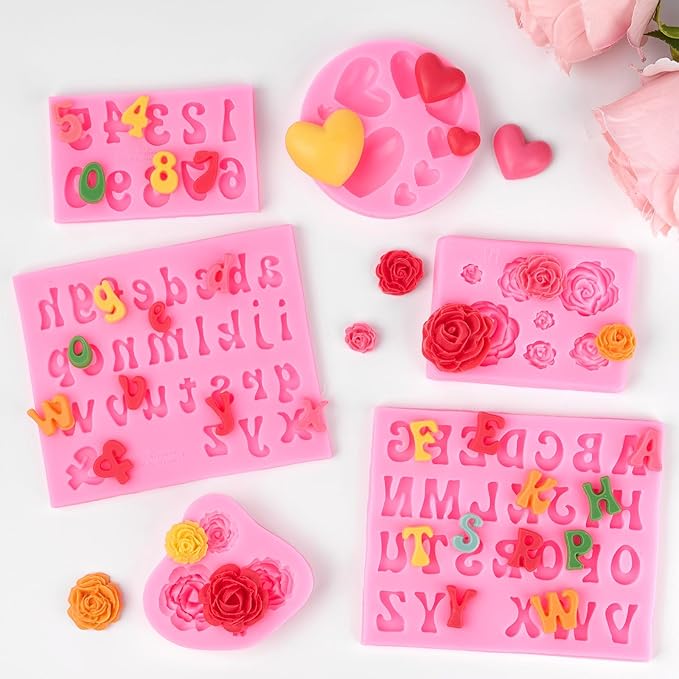 CLUEWR 6 PCS Silicone Letter Molds, Non-Stick Number Alphabet Heart Rose Flower Fondant Molds for Chocolate, Candy, Cake Decoration, Cupcake Topper