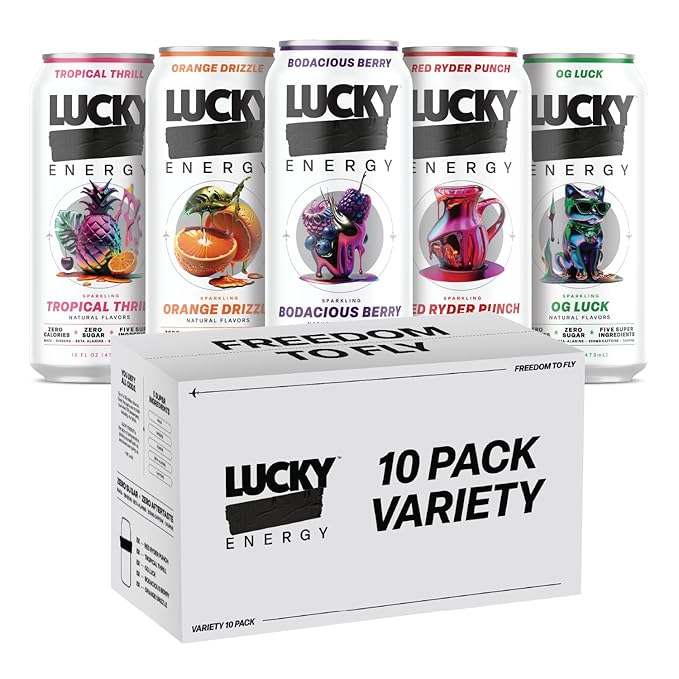 Lucky Energy Sugar Free Energy Drinks, Variety Pack, 16oz Cans (10-Pack) Healthy, Zero Sugar Energy Drink with Maca, Ginseng, Beta-Alanine, Taurine & 200mg Caffeine