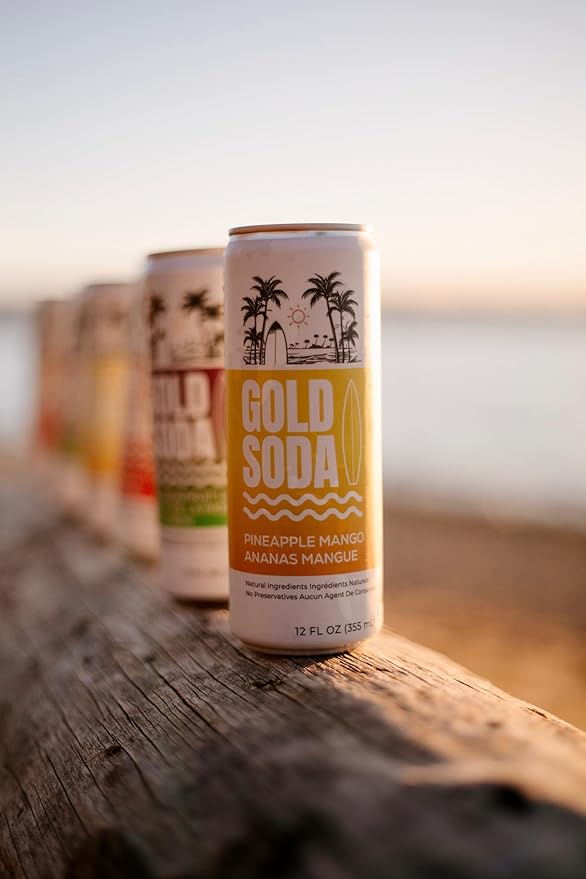 Gold Soda - Natural Ingredients - Organic Cane Sugar - Non-GMO - No Preservatives - Monk Fruit - Sparkling Water - Made with Natural and Organic Flavors, 12 Fl Oz (24 Pack) (24 Pack, Pineapple Mango)