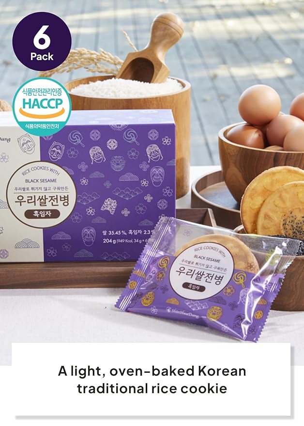 Korean Food Shinwhadang Rice Wafer Snacks(6 packs) – Black Sesame Flavor, Oven-Baked Crispy Rice Crackers, Korean Rice Crisps (9.6 oz)