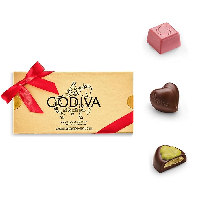 Godiva Red Ribbon Gold Assorted Chocolate Gift Box, Belgian Dark and Milk Chocolates with Pralinés, Ganaches & Caramels, Gourmet Valentine's Day Gift, Kosher, 8 Pc