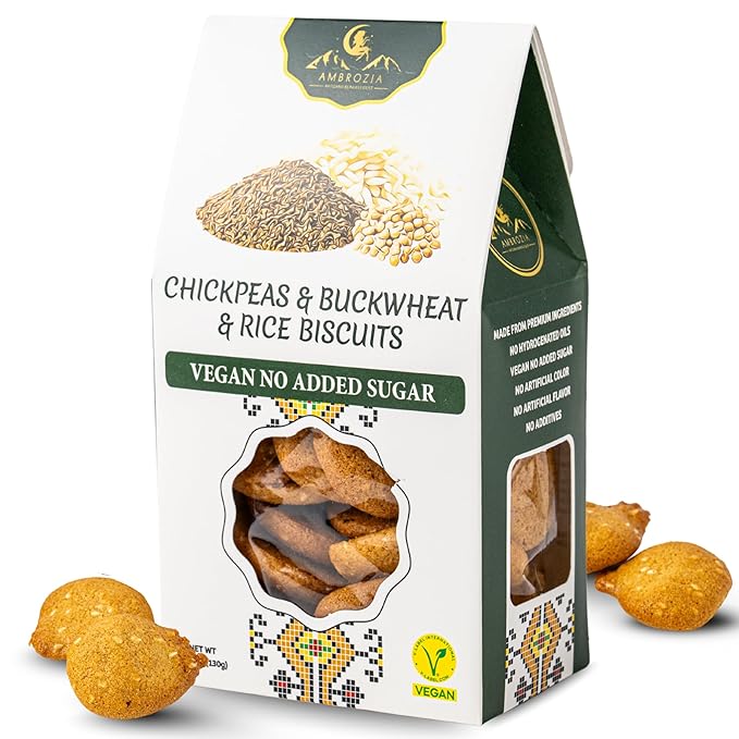 Ambrozia Vegan Snack Biscuits – Chickpeas, Buckwheat & Rice - Soft Baked, No Added Sugar, Clean Label, High Fiber & Wholesome Ingredients, Kid-Friendly, Healthy Snacks for Active Lifestyles, 4.58 Oz