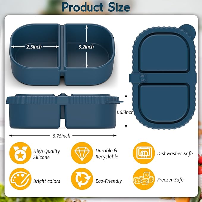 3 Pack Reusable Silicone Snack Containers with Lids, Meal Prep Containers 2 Compartments, Portable Silicone Food Storage Box for Picnic, Lunch, Office (3)