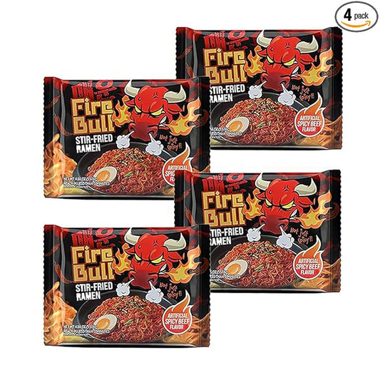 [Fire Bull Ramen] Intense Spicy Stir-Fried Ramen | Authentic Korean Heat Meets Flavorful Delight | Thick, Chewy Noodles | Quick & Easy Meal (4 Pouches)