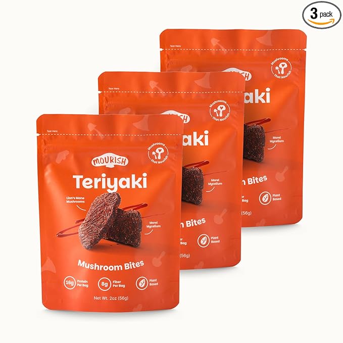 Mourish Vegan Mushroom Bites, Teriyaki Flavor, 3 Pack (2 oz), Good Source of Protein and Fiber, Plant Based Meat Jerky, Meatless Healthy Snacks for Hiking, Work, Travel & School