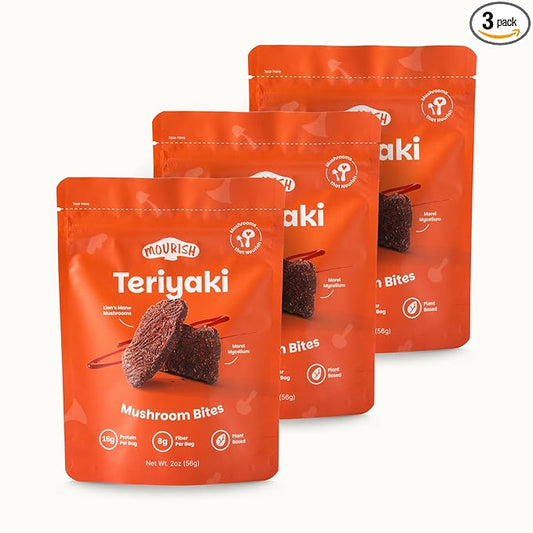 Mourish Vegan Mushroom Bites, Teriyaki Flavor, 3 Pack (2 oz), Good Source of Protein and Fiber, Plant Based Meat Jerky, Meatless Healthy Snacks for Hiking, Work, Travel & School