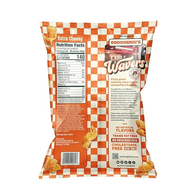 WAVERS by Doughbrik's Snacks, Extra Cheesy Flavor 4.5 oz Bags, Crispy Crunchy Texture Perfect Anytime Snack Made in the USA (6-Pack)