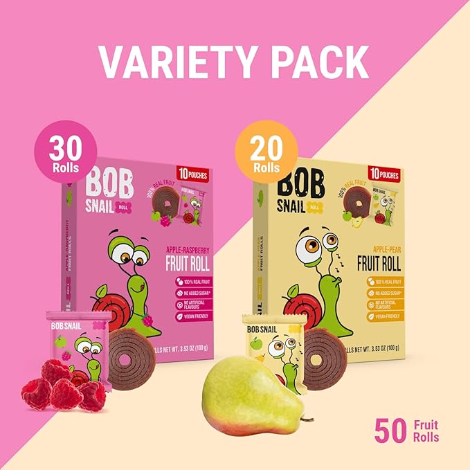 Bob Snail Fruit Roll Ups – 50 Natural Fruit Snacks (Pear & Raspberry), Vegan, No Added Sugar, Healthy On-the-Go Pack, 500g