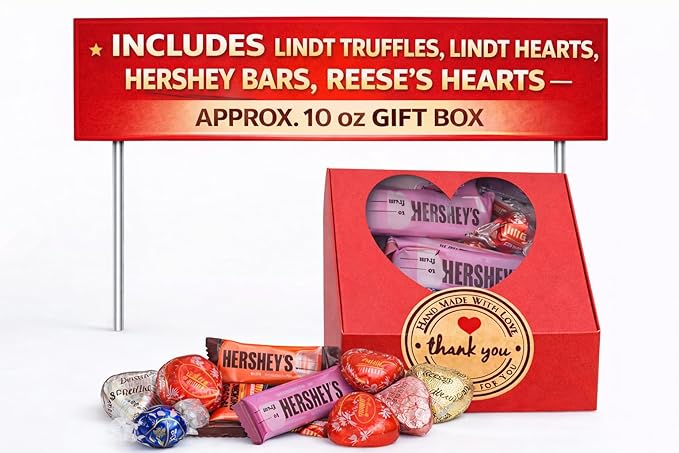 Valentine's Day Chocolate Gift Box with Assorted Gourmet Chocolates, Milk Chocolate & Peanut Butter Heart Shaped Candy - Assorted Milk Chocolate Truffles & Milk Chocolate Bars - Individually Wrapped In Festive Red & Pink - Red Heart Shaped Window Box