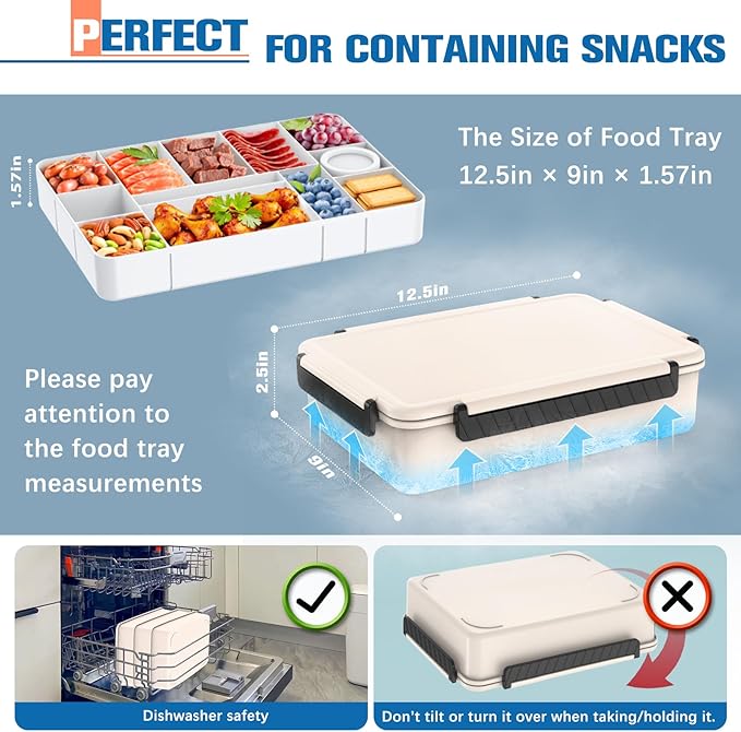 Chilled Portable Snackle Box Container Insulated Bag Keep Food Warm 12 Compartment Divided Serving Tray Reusable Ice Pack Road Trip Essentials for Charcuterie Snack Picnic Travel Birthday Gift