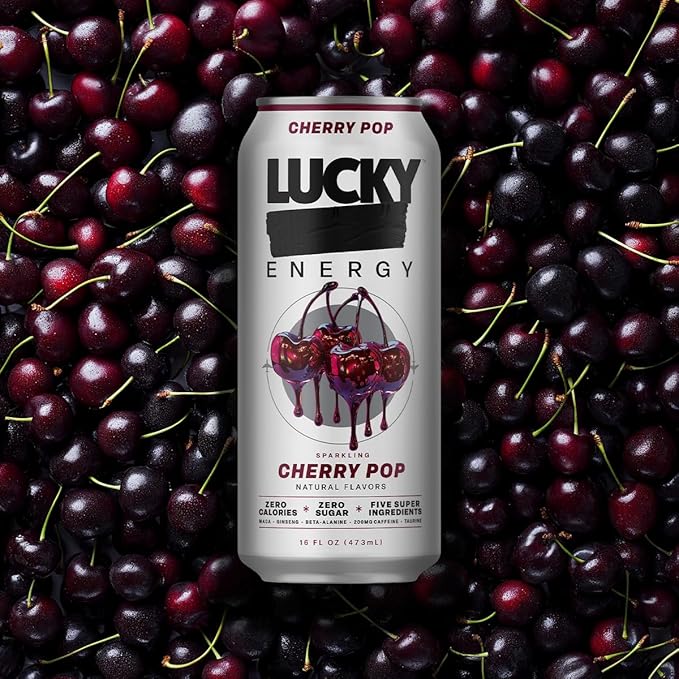 Lucky Energy Sugar Free Energy Drinks, Cherry Pop, 16oz Cans (12-Pack) Healthy, Zero Sugar Energy Drink with Maca, Ginseng, Beta-Alanine, Taurine & 200mg Caffeine