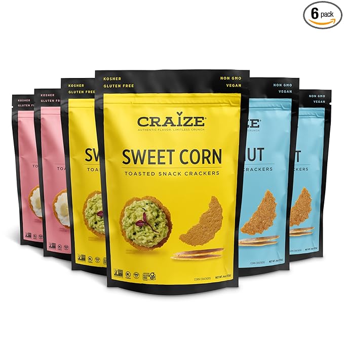 Craize Sweet Flavor Variety Pack | 2x Sweet Corn, 2x Coconut, 2x Guava Crisps | Gluten Free, Vegan, Kosher, Toasted Corn Crackers | 6 pack, 4 oz each