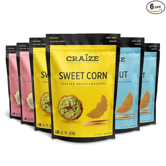 Craize Sweet Flavor Variety Pack | 2x Sweet Corn, 2x Coconut, 2x Guava Crisps | Gluten Free, Vegan, Kosher, Toasted Corn Crackers | 6 pack, 4 oz each