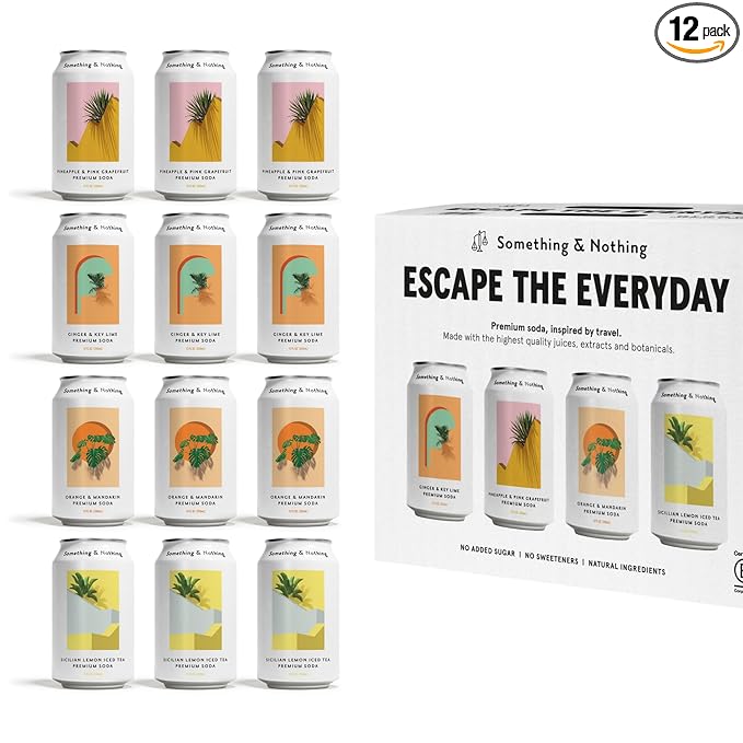 Something & Nothing Premium Soda Travelcase - Adventure | Pineapple & Pink Grapefruit, Ginger & Key Lime, Orange & Mandarin, Sicilian Lemon Iced Tea | Lightly Carbonated, Vegan & Low Calorie Sparkling Water | 12 Fl Oz Cans (Pack of 12)