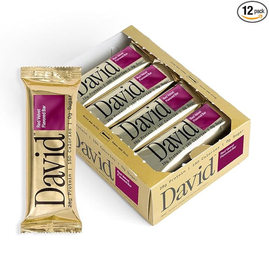 David High Protein Bars No Sugar - Sugar Free Protein Bars, Low Carb, Gluten Free - 28g of Protein, 150 Calories - David Bar On-The-Go Snack - Red Velvet, Pack of 12