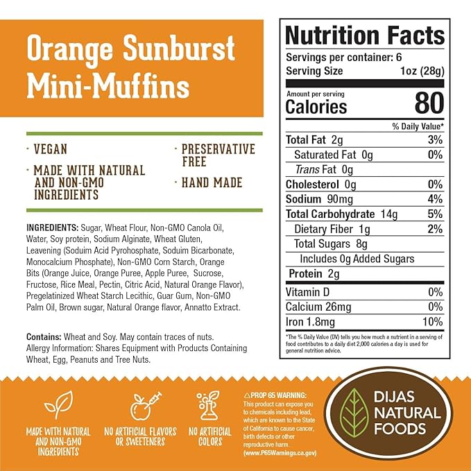 DIJAS Natural Foods Plant-Based 36-Vegan Mini Muffins ONLY $0.97-oz! Natural and Preservative Free Ingredients, Delicious Snack and Breakfast (36 Muffins) (Orange Sunburst)