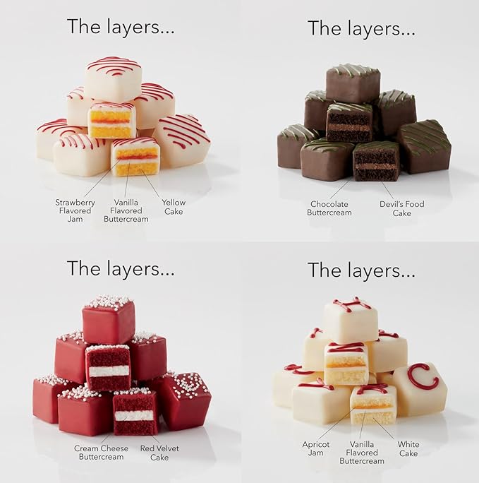 The Swiss Colony Merry Christmas Petits Fours Gourmet Mini Layer Cakes, Red Velvet, Strawberry, Double Chocolate, and Vanilla with Traditional Old Fashioned Candy Hard Candy, Raspberry Drops, and More