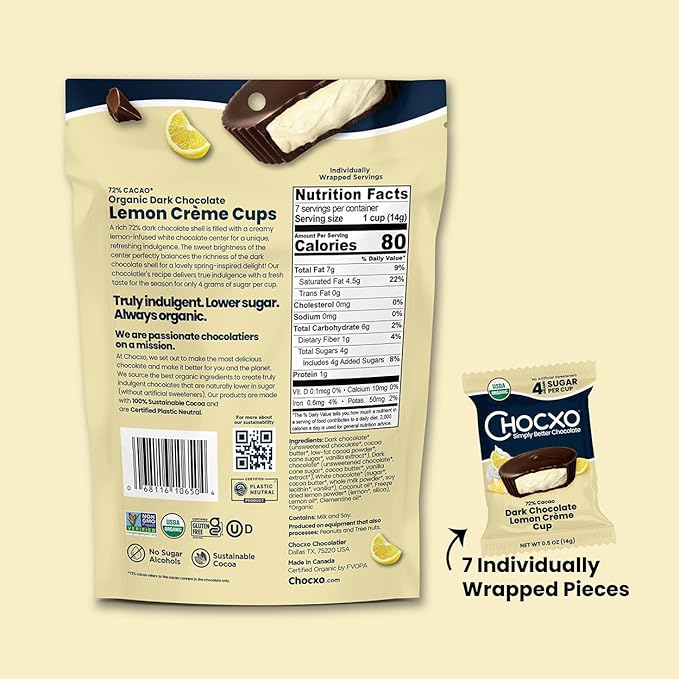 Chocxo Dark Chocolate Lemon Crème Cups - Lower Sugar, Organic 72% Cacao, NonGMO, Keto, Gluten Free, Kosher, No Artificial Sweeteners/Sugar Alcohols, 3.45 oz (Pack of 6)