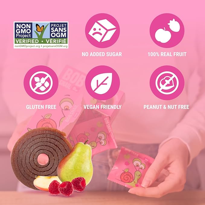 Bob Snail Fruit Roll Ups – 50 Natural Fruit Snacks (Pear & Raspberry), Vegan, No Added Sugar, Healthy On-the-Go Pack, 500g