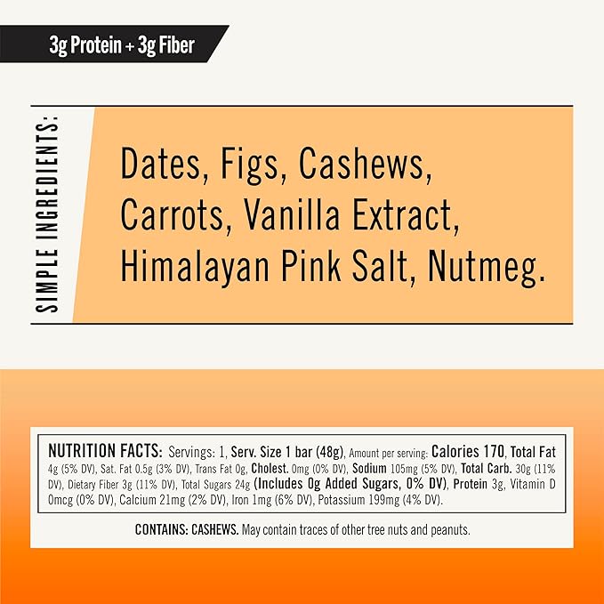 Thunderbird Real Food Energy Bars, Bar Cashew Fig Carrot, 1.7 Ounce, Fruit & Nut Nutrition Bars - No Added Sugar, Grain and Gluten Free, Non-GMO, 12 Pack