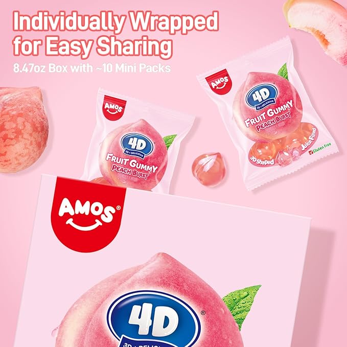 AMOS 4D Gummy Candy Peach Burst – 3D Peach Shaped, Jelly-Filled, Natural Flavor Fruit Gummy – 240g Box (Pack of 10) – Fruit-Filled Gummy Treats for Kids & Adults