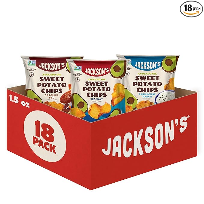Jackson’s Sweet Potato Kettle Chips Avocado Oil Variety Pack made with Premium Oils (1.5 oz, Pack of 18) Sea Salt, Ranch, and BBQ Flavors - Allergen-friendly, Gluten Free, Vegan
