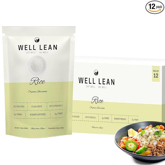 Well Lean Konjac Rice Keto Pasta - 12-Pack - Low Carb Keto Plant Based 100% - USDA Organic Premium Konjac Shirataki Rice - Carb Free