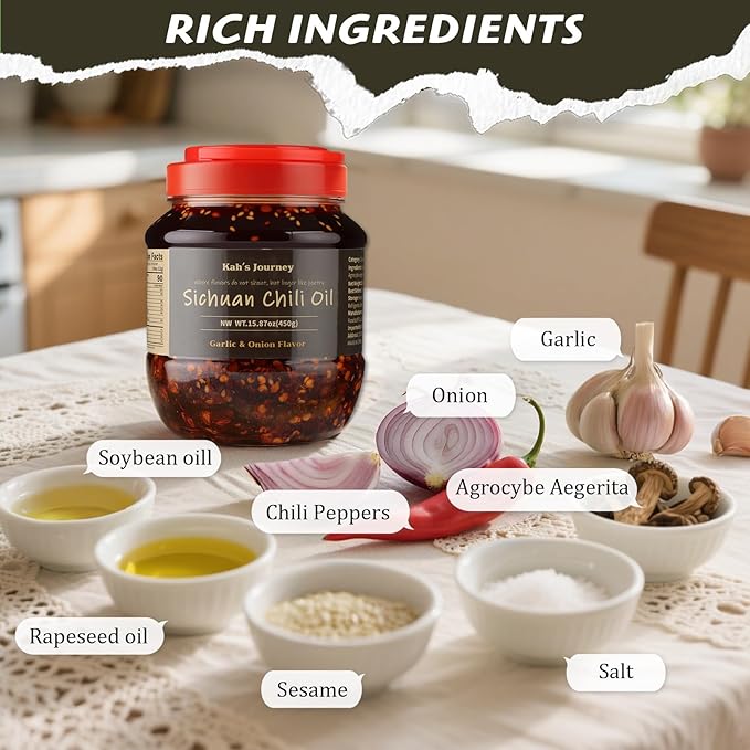 Kah's Journey Chili Oil - 15.87oz (450g) Spicy Chili Crisp with Crunchy Garlic and Onion Flavor, Vegan, Sugar Free Chili Sauce
