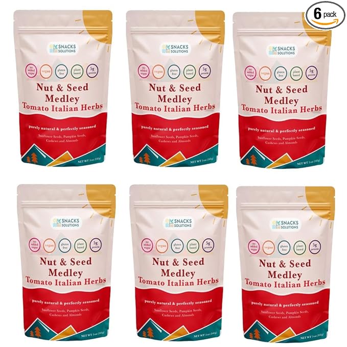 Snacks Solutions Nut and Seed Medley (5 oz -Pack of 6, Tomato Italian Herbs) Natural and Perfectly Seasoned, Sunflower Seeds, Pumpkin seeds, Cashews and Almonds, Kosher and Gluten Free