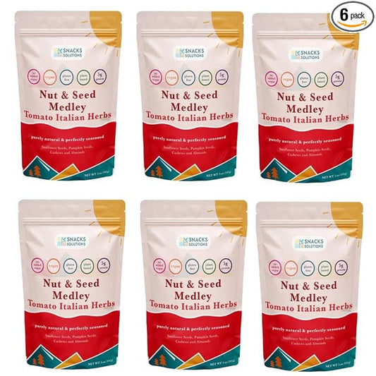 Snacks Solutions Nut and Seed Medley (5 oz -Pack of 6, Tomato Italian Herbs) Natural and Perfectly Seasoned, Sunflower Seeds, Pumpkin seeds, Cashews and Almonds, Kosher and Gluten Free