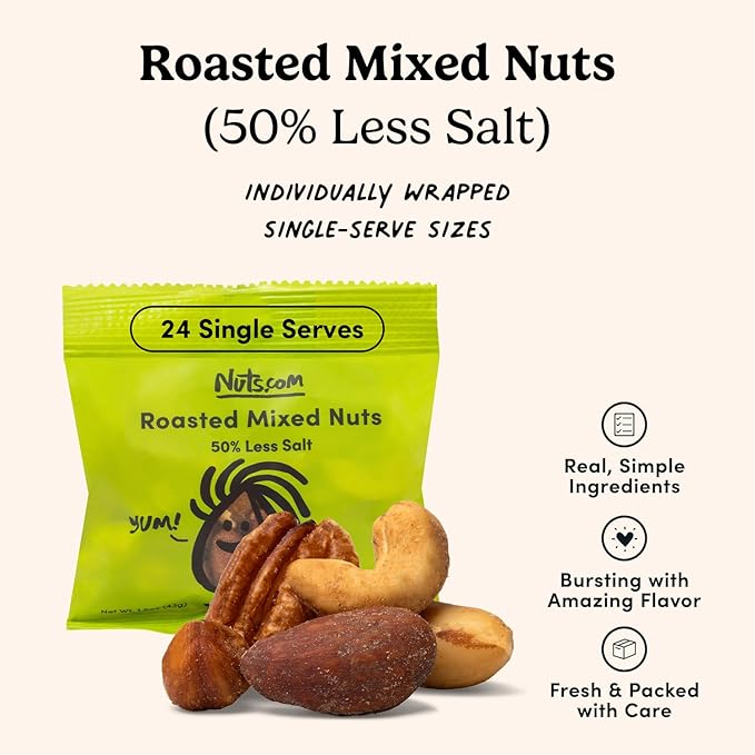 Nuts.com Roasted Mixed Nuts (50% Less Salt) – 24 Single Serve Snack Packs – Almonds, Cashews, Pecans, Brazil Nuts, Hazelnuts – Gluten-Free, Kosher, No Peanuts – Healthy Low Sodium Protein Snack