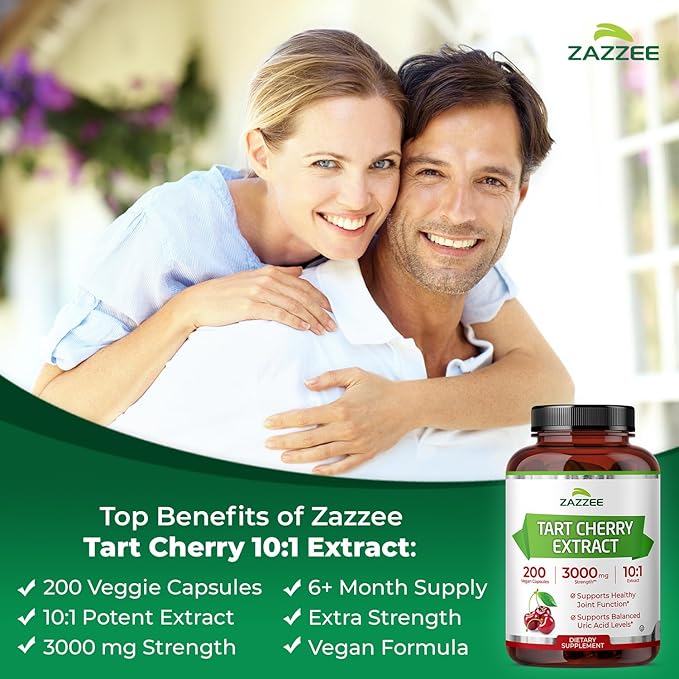 Zazzee Tart Cherry 10:1 Extract, 3000 mg Strength, 200 Vegan Capsules, 6+ Month Supply, Certified Kosher, Concentrated and Standardized 10X Extract, 100% Vegetarian, All-Natural, Gluten Free, Non-GMO