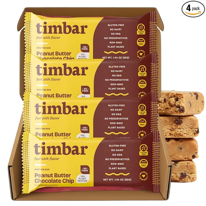 timbar Plant-Based Protein Bars, Peanut Butter Chocolate Chip | 15g Plant Protein, 8g Prebiotic Fiber | Gluten & Dairy Free, Non-GMO, No Sugar Alcohols (Pack of 4)