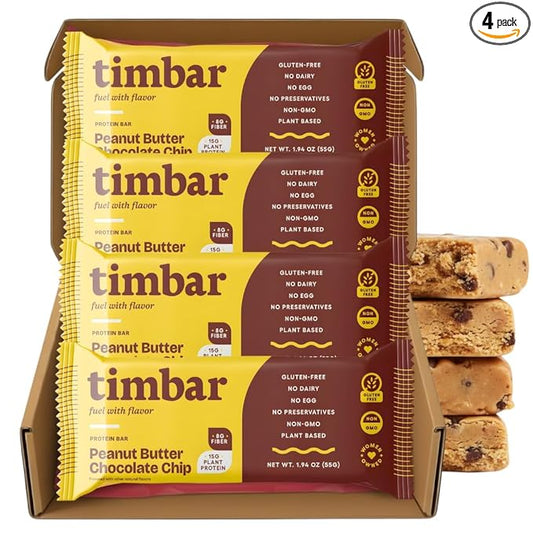 timbar Plant-Based Protein Bars, Peanut Butter Chocolate Chip | 15g Plant Protein, 8g Prebiotic Fiber | Gluten & Dairy Free, Non-GMO, No Sugar Alcohols (Pack of 4)
