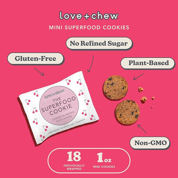 Love + Chew Mini Vegan Cookies, Gluten Free, 3g Plant Based Protein Per Cookie, Healthy Snacks for Adults and Kids, Refined Sugar Free, Individually Wrapped Cookies, Cherry Almond, 18 Pack