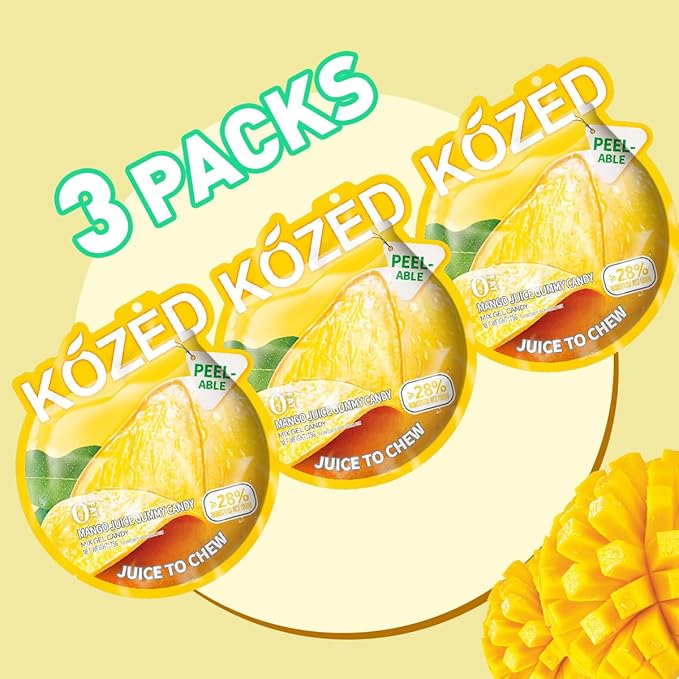 Happy Global Kozed Peelable Gummy Candy Mango Flavors 3 Pack, Fun Fruity Role Party Snack, Chewy Sweet Treat with Juicy Flavor,Halal-Certified Holiday Gifts