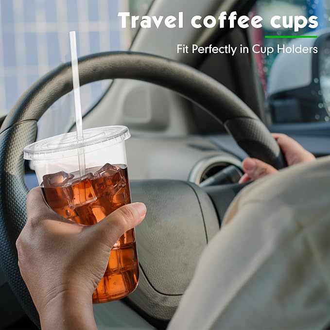 Ziliny 50 Sets Clear Plastic Cups with Lids and Straws, Disposable Iced Coffee Cups Drinking PET for Cold Drinks, Juice, Smoothie, Coffee Shops, Party, Christmas(Clear,18 oz)