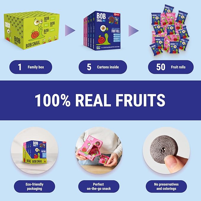 Bob Snail Fruit Roll Ups – 50 Natural Fruit Snacks (Blueberry & Raspberry), Vegan, No Added Sugar, Healthy On-the-Go Pack, 500g