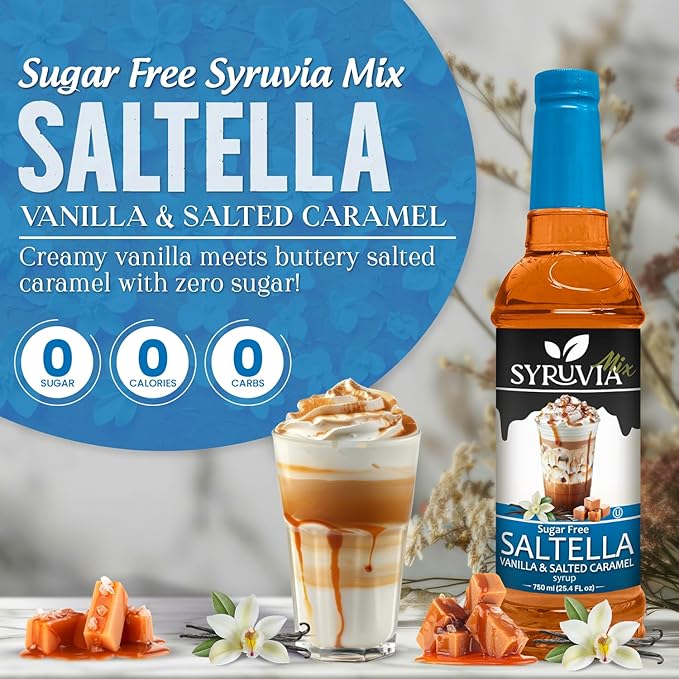 Syruvia Sugar Free Coffee Syrup, SALTELLA Syrup, Vanilla Salted Caramel Flavored Syrup for Drinks, Lattes, and Desserts – 25.4 fl oz