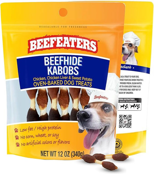 Beefeaters Beefhide 12oz Triple Flavor Kabobs Dog Treats with Real Chicken, Liver & Sweet Potato – Long-Lasting Dog Kabob Treats for Chewing, Dental Support*, Flavor-Packed Treats - Training Rewards