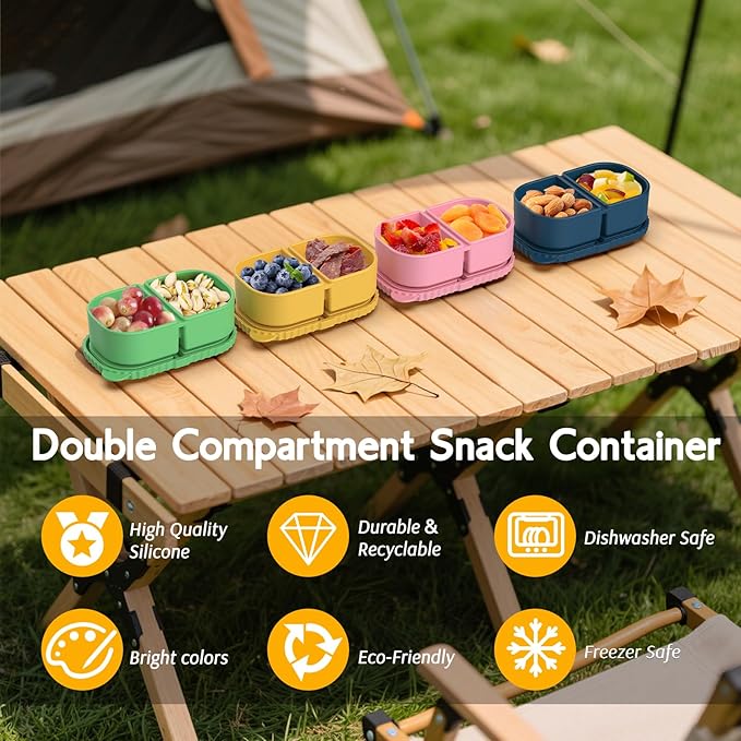 4 Pack Silicone Snack Containers with Lids, Double Compartment Snack Containers for Sauce, Reusable Silicone Food Storage Box for Lunch Office Travel