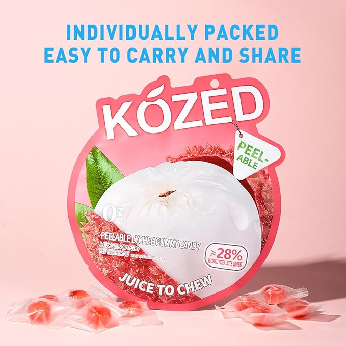 Happy Global Kozed Peelable Gummy Candy Lychee Flavors 3 Pack, Fun Fruity Role Party Snack, Chewy Sweet Treat with Juicy Flavor,Halal-Certified Holiday Gifts