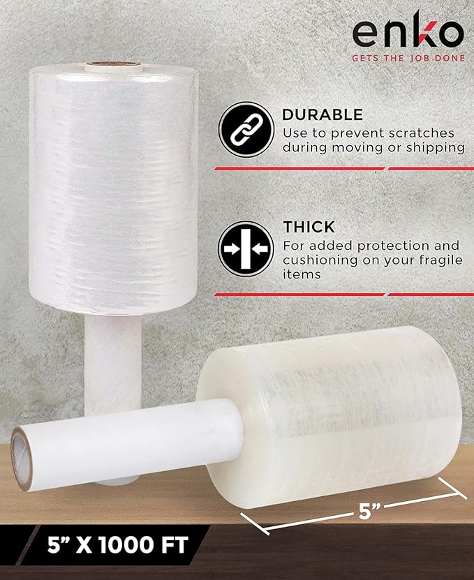 enKo 16 Pack 5" Mini Roll Stretch Film with Easy Grip Handle (16,000ft | 1000ft/Roll) - Includes 1,600pcs Fragile Labels