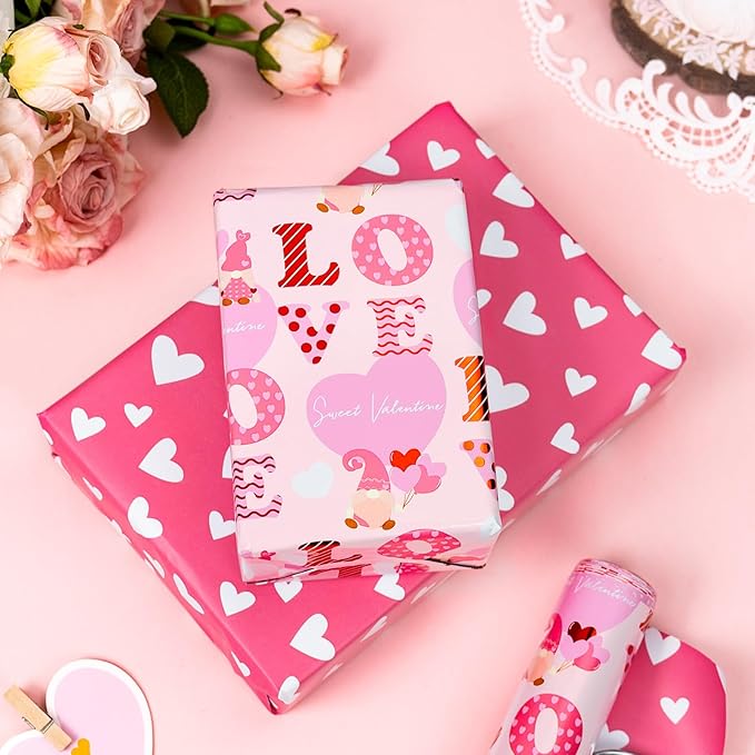 Homeral Pink Valentine's Day Wrapping Paper - Mini Roll - 17 Inch x 33 Feet - Goblin and LOVE Letters with Metallic Foil Shine & Heart Pattern Reversible Gift Wrap for Valentines Day Celebration