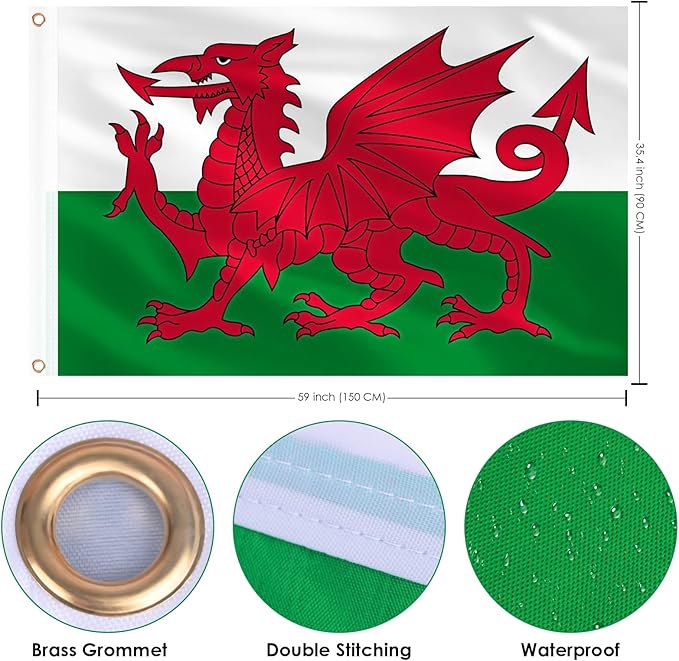 AhfuLife Wales Flag 3x5 Ft, Large Wales Flag for Outside - Double Side with Brass Eyelets for Olympic Party Decorations, Bar Garden Street Decoration Indoor Outdoor