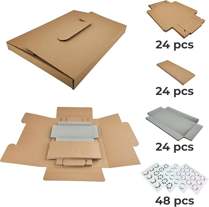 Diakarma Gift Boxes with Clear Cover, Bakery Treat Boxes for Small Cakes, Cookies, Desserts, Donuts, Pastries, Gifts, and Party Favors – Durable & Elegant (24 Pieces Brown Kraft, 4"x8"x1.2")