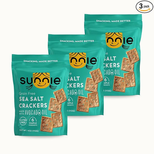Sunnie Gluten Free Crackers, Healthy Grain-Free Sea Salt Cracker, Snacks for Kids & Adults, Made with Avocado Oil, Only 6 Ingredients, Vegan Snack, Low Calorie, 4 Oz, Pack of 3